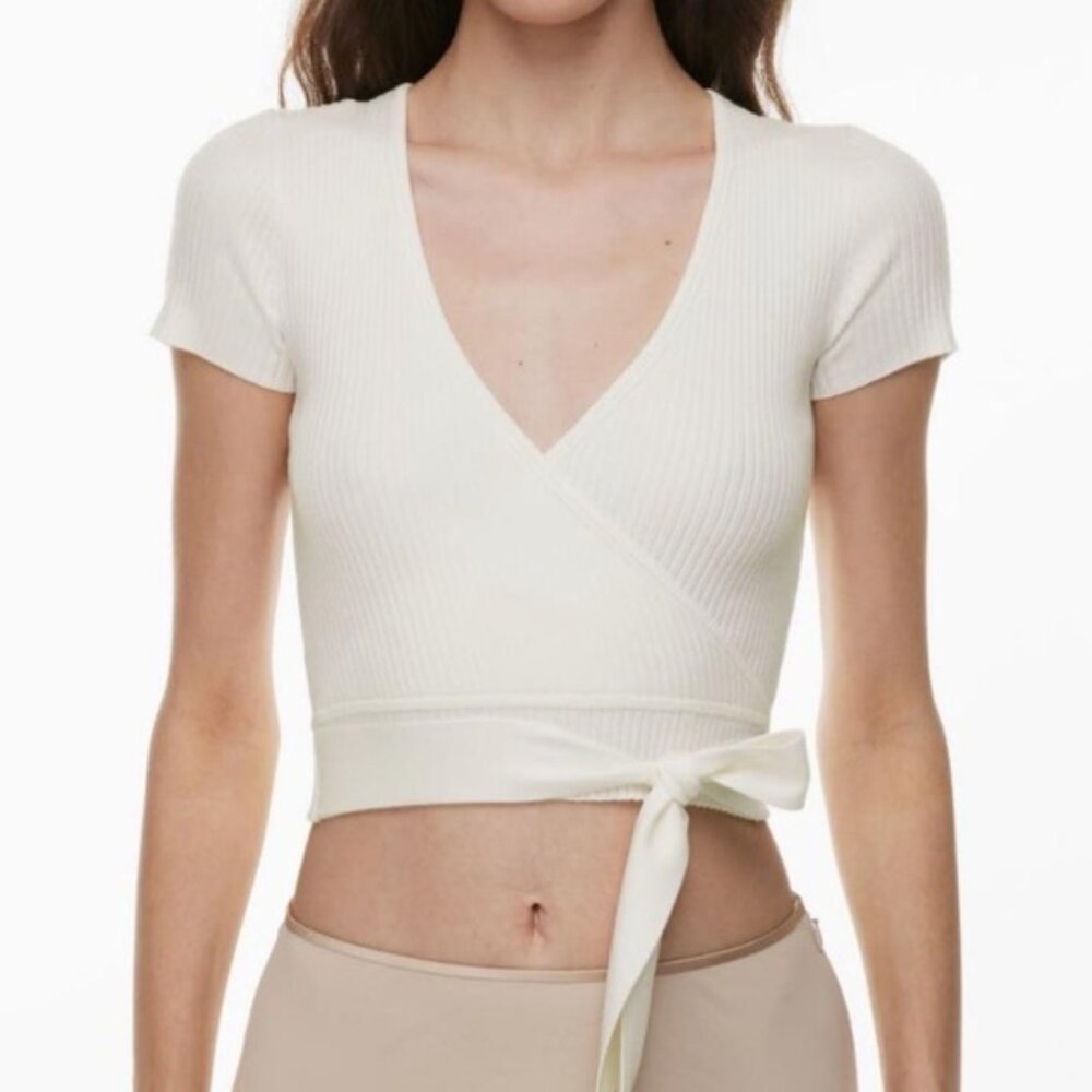 WILFRED (Aritzia) XS White Short Sleeve All Tied Up Wrap Blouse Ribbed